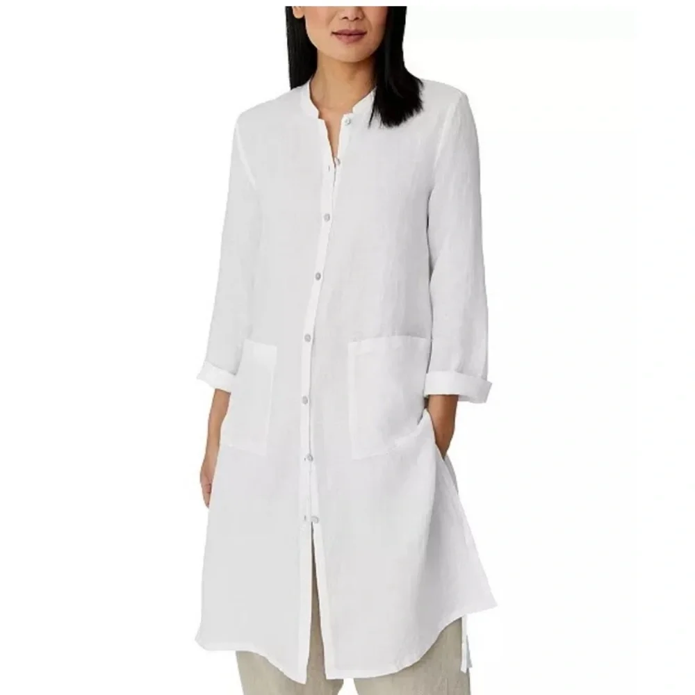 Eileen Fisher white longline mandarin collar cotton tunic - Picture 1 of 6